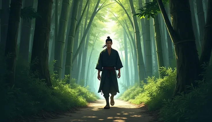 "Kang, a 25-year-old young man with a tall and lean physique, walks along a narrow, winding path. His dark hair is tied back in a simple warriors knot, and he wears a dark traveling tunic. The air is heavy with silence, broken only by the soft rustling of ...