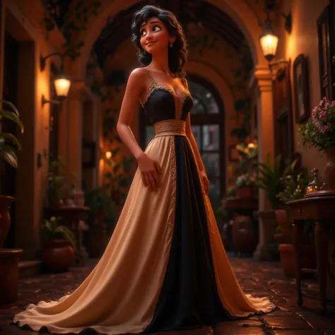  a realistic photo of a woman posing in an elegant half black and half beige long dress made of silk, silk belt with pleats, night , Instagram story style  .