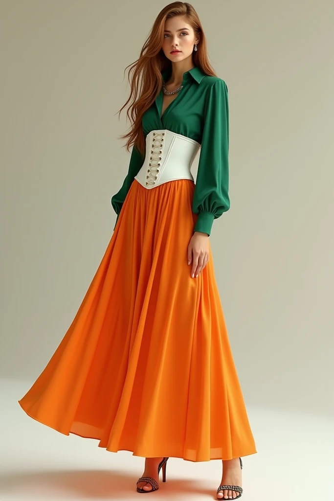 Girl wearing longsleeves green blouse, white corset, and orange long skirt, with high heels