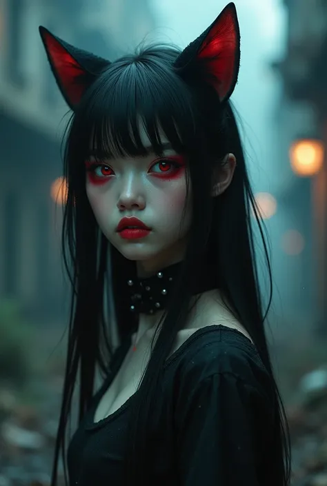 (sexy girl, disheveled black bangs, very long straight hair, blonde, cat ears, bright red eyes, red glossy lipstick, eyeliner, eye shadow, detailed beautiful makeup, pale skin, top, waist-high photography, dim lighting, dark background, apocalypse, particl...