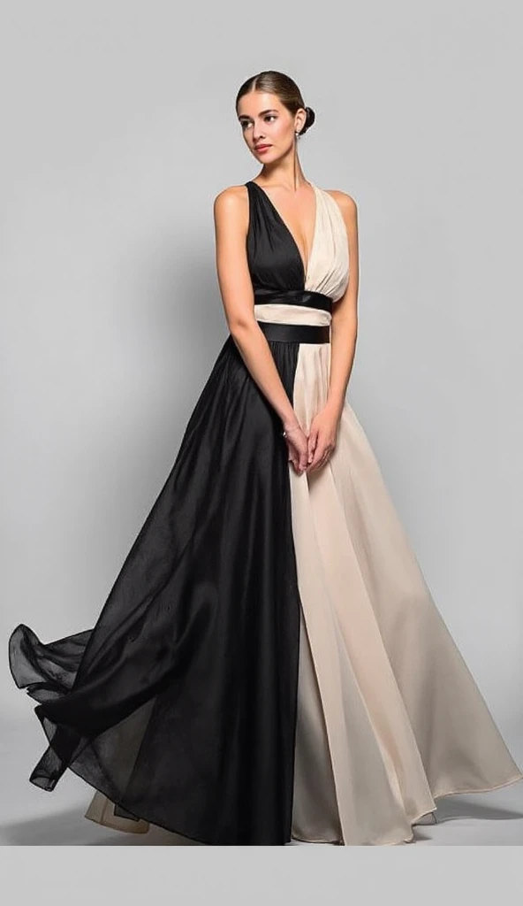  a realistic photo of a woman posing in an elegant half black and half beige long dress made of silk, silk belt with pleats, night party, Instagram story style ,  full body angle .