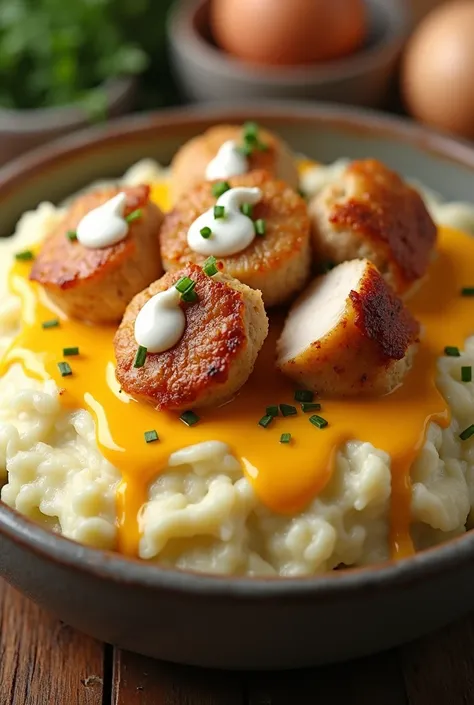 mashed potato in bowl with cheese sauce and mayonise also chicken on top