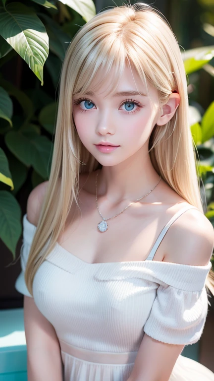 Realistic、The ultimate beautiful blonde、Ultra Recruitment、One baby-faced young idol girl、Distant Gaze、ootd、Off-the-shoulder white top、Round and young face、Accessories Full、 Necklaces 、Big, clear, and incredibly bright, vivid ice mint green eyes that shine ...