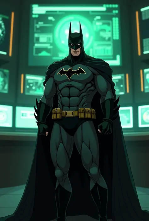 Adult anime drawing style with mature elements and dramatic: An anime-style medium shot of Batman in a black suit with the Batman symbol on the chest. He is standing in a futuristic, high-tech environment with multiple green screens displaying technologica...