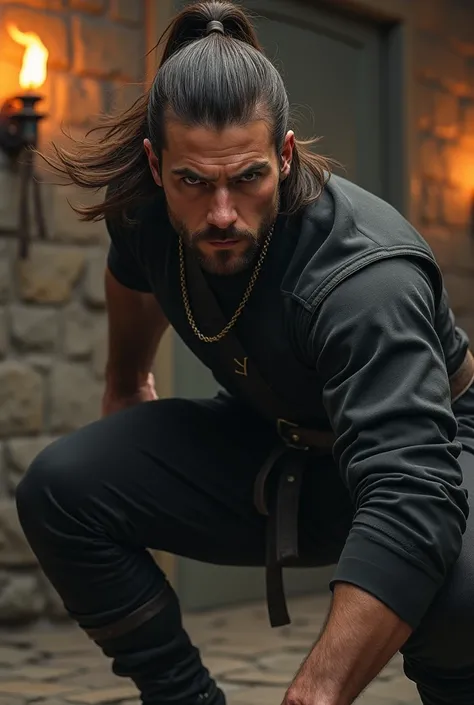 Create an attractive man ,  slightly long brown hair tied in a half tail , brown eyes and a beard on the face .  Dressed in a dark combat outfit in a posture bent on the knees.  In the background a stone training room with torches . 