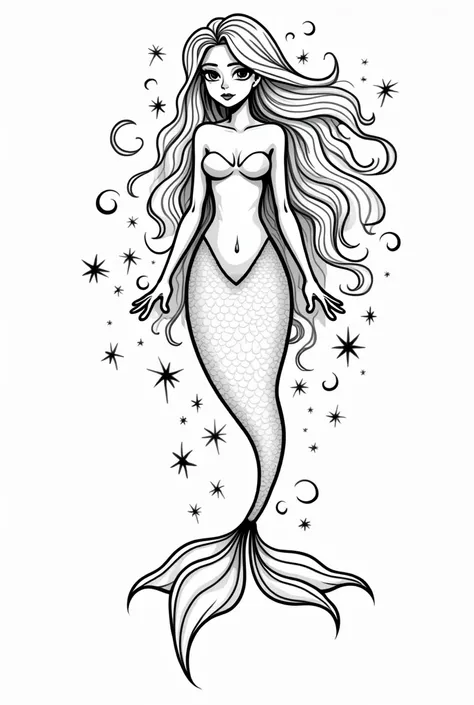 mermaid, no color, white backgroud, thick lines, bold lines only, for coloring book, magic details around, black and white only, minimalist, not repetitive