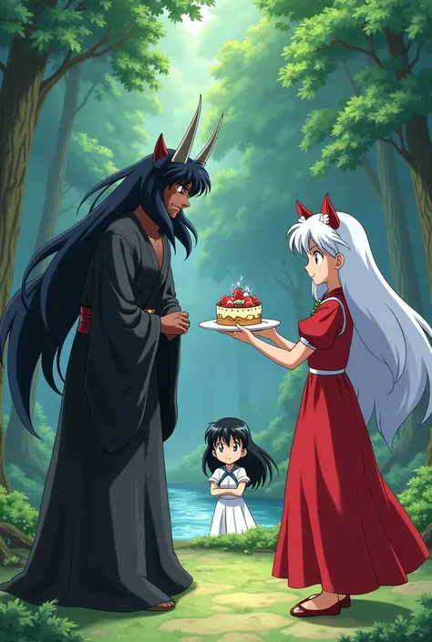 Aome offering cake to sesshomaru and Inuyasha angrily