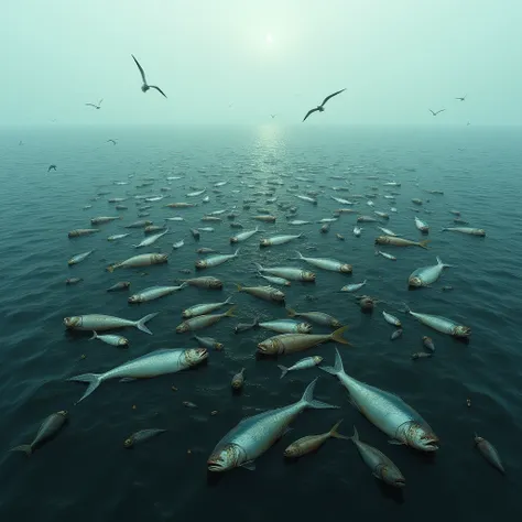 Huge amount of dead fish in the sea,  photorealistic  