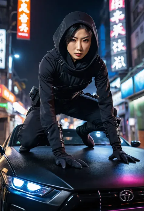 epic action scene japanese ninja woman wearing black ninja uniform on top of a car hood in a night city street, visible face skin pore, detailed face skin, glowing skin, rough face skin, Hyperrealistic, fantasy art, Photorealistic image, dynamic lighting, ...