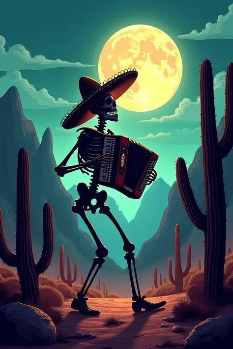 Accordion played by a cumbia skull Wild West night Moon cactus Mountain 