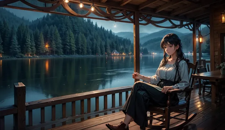 a woman sitting in a rocking chair on the porch of a wooden country house near a forest looking at the lake, a pier, a rainy day, dark night, fireflies,