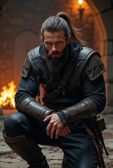 Create an attractive man ,  slightly long brown hair tied in a half tail , brown eyes and a beard on the face . Dressed in a dark leather combat outfit in a slanted posture on the knees.  In the background a stone training room with torches . 