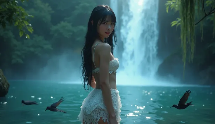 Realistic beautiful chinese long bangs hair little smile  stand with back wearing wet white lace miniskirt see through night wear on lagoon  surface background waterfall rainbow forest trees birds