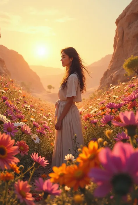 Desert with lots of flowers and a mother 