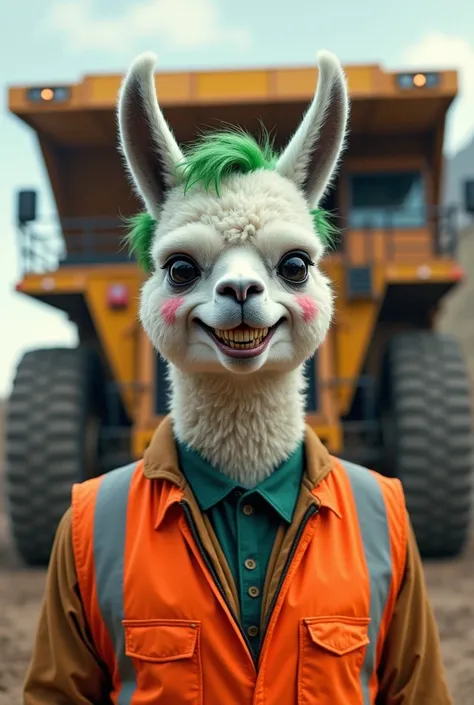 A Joker with a smile fused with an alphaca,  wearing an orange safety vest,  and in the background that a mining truck comes out.