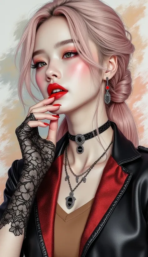 Hyper-realistic pencil of a close-up drawing of a beautiful Korean woman looking stunning with her elegant makeup. She has long platinum blonde hair with pink peach streaks tied loosely. She wears a brown t-shirt and a black red stingray leather jacket and...