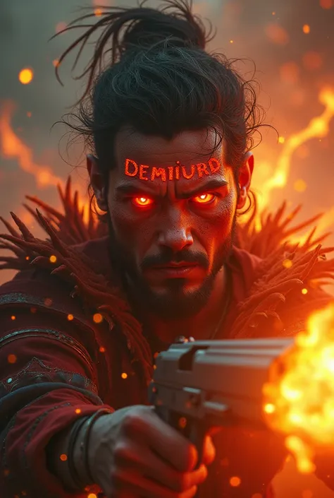 A beautiful armed war with a fiery and profound look  ,  with the word Demiurd Carlos Rojasil written in bright red on the face,with filaments of fire flying around her . epic fantasy style.