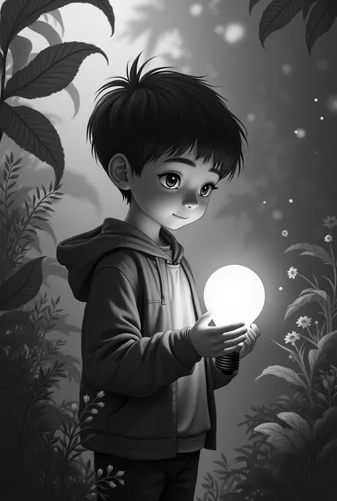 A  boy in a garden with a light bulb on black and white image 