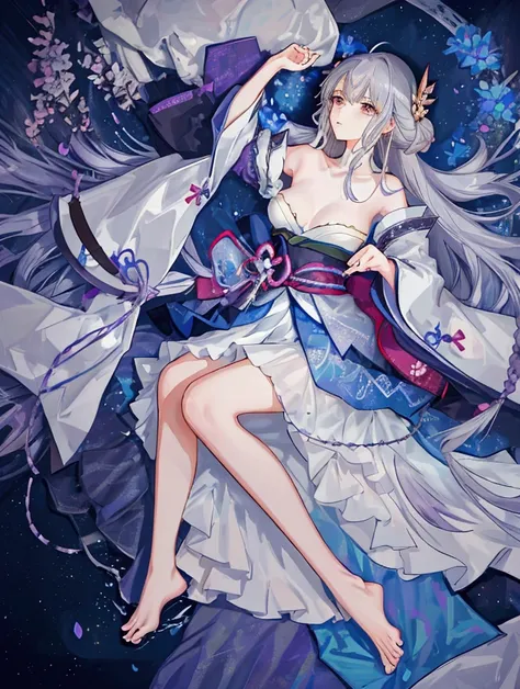 Ayame wears a flowing, long dress made of iridescent fabric in soft shades of pale blue, silver, and lavender. The dress features delicate embroidery of swirling clouds and dream-like patterns, with the Natsume family crest near the chest. A contrasting da...