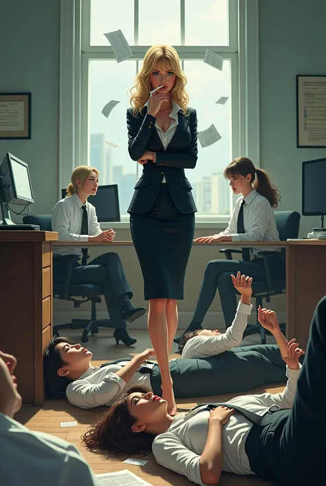 Imagíne a mountain of female secretarys with white shirt and black tie beaten up at the office floor  and a sexy female blonde lawyer smoking and looking at them smiling anime style!!!!!!!!