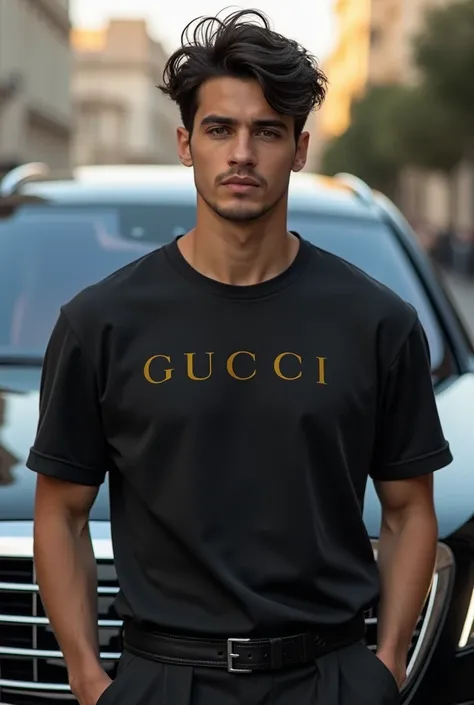 (a 21y solo guy, full body photo:1.3), (wearing Gucci t shirt and black pant, casual shoes,  best quality, photorealistic, finely detailed Fashionable eyes: 1.2), (thick amazing hair)  ( wearing black shirt, black pant )back side mercedes Maybach 