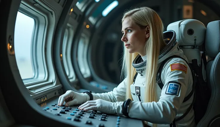 Epic scene a spacecraft, showcasing a white woman, 40 years old, long straight blond hair, blue eyes, slim, is behind the board making adjustments, wearing a space suit, full body, historical photography, ultra - realistic, natural light, Canon 5D, DSLR, 5...