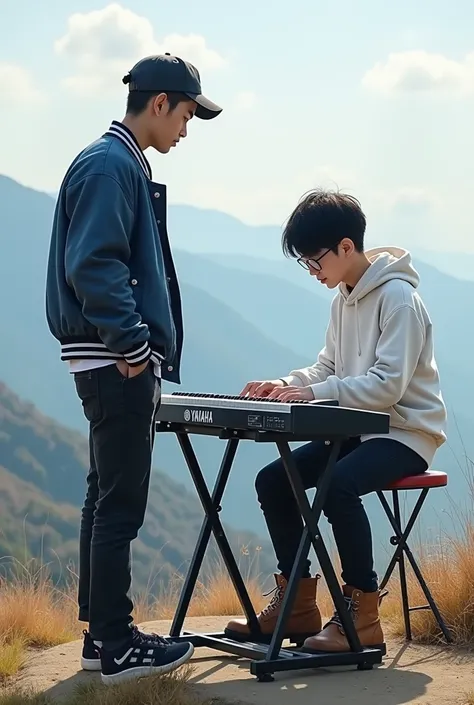  man wearing black jeans wearing baseball cap says yuang wears boots wear blue bomber jacket there is writing yuang,wearing white hoodie playing Yamaha keyboard on top of hill face looks at camera 