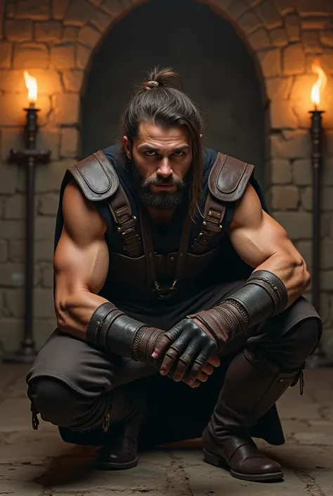 Create a young and attractive man,  slightly long brown hair tied in a half tail , brown eyes and a beard on the face . Dressed in a dark leather combat outfit in a slanted posture on the knees.  In the background a stone training room with torches . 