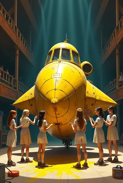 five teenage girls paint a grounded old spaceship with short wings yellow on a theater stage