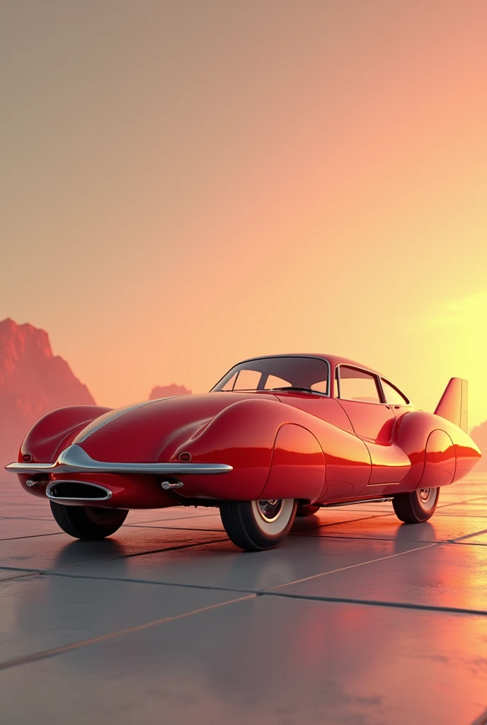 realism, realistic, 8k, (ultra realistic), high quality, 1960 style, 1960s red rocket shaped car, atomic age, whitewall tires