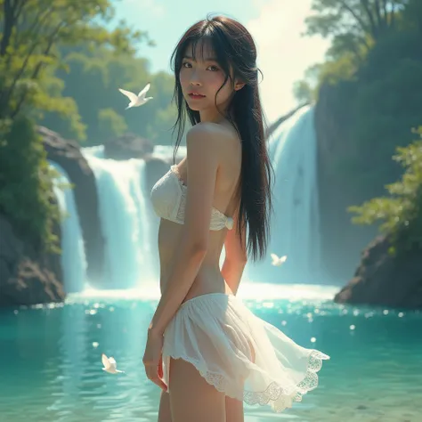 Realistic beautiful chinese long bangs hair little smile  stand with back wearing wet white lace miniskirt see through night wear no bra no pants on lagoon  surface background waterfall rainbow forest trees birds