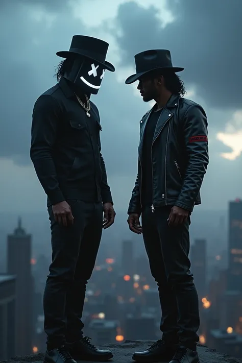 Create an image of Marshello and Michel Jackson working on a new character that is both muscular and muscular, a hybrid type, putting Marshmellos eyes shining and wearing a black mask and wearing Michael Jacksons signature hat on top of a dark cloudy build...