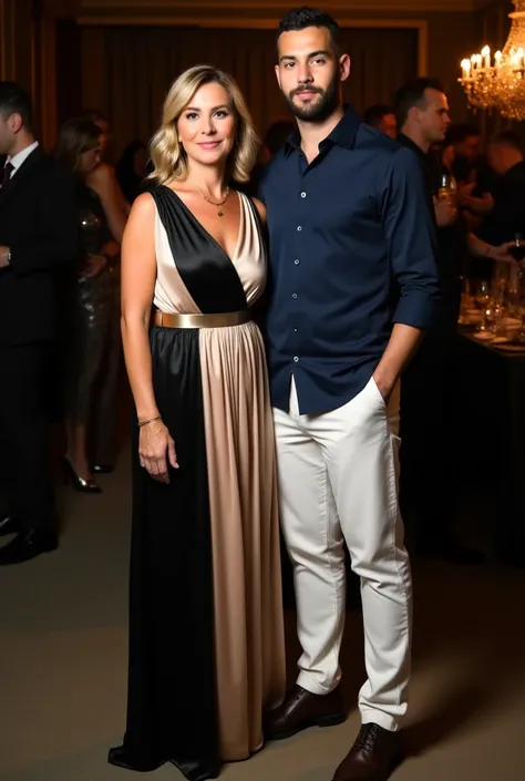  a realistic photo of a woman posing in an elegant half black and half beige long dress made of silk, silk belt with pleats next to a 34-year-old man with a short beard and almost shaved hair wearing a navy blue shirt and white tailor pants at an evening p...