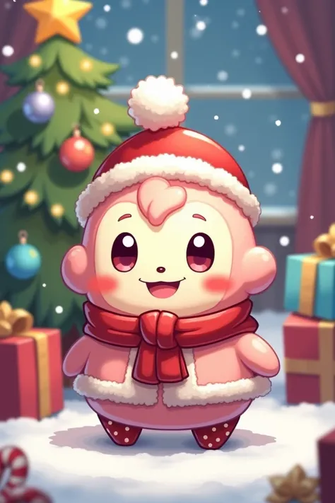 Create an image of a Chansey chibi with Christmas design and a Christmas tree in the background, with gifts