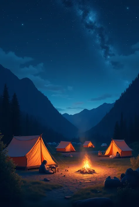  A night camp with starry skies, 15 tents and a campfire next door