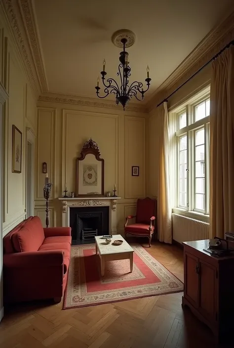 wall living room 1940s, wide lens, front view, 4k, detail 1940s,