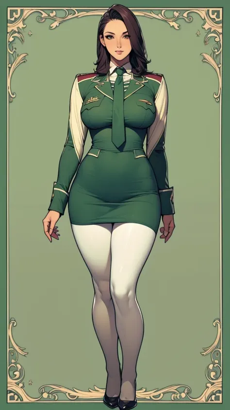 Full body picture：（masterpiece：1.2，  Best Quality ），（ very detailed ），8K，wallpaper，1 female，Full body picture， wears green pantyhose，Green military uniform，Fabric texture military uniform，Tights， dark green ties inside ， tall，Thick legs ， is muscular