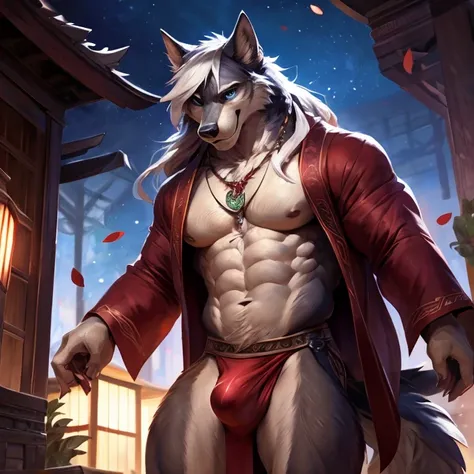 anthro, anthro wolf, long hair, white hair, long anime style hair, anime style bangs, blue eyes, white fur, furry male, detailed fur, two toned fur (detailed lighting), ((detailed fluffy fur)), ((detailed background)), [detailed ambient light], [gray natur...