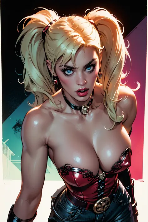 Harley Quinn as a realistic and intricate cyborg face of perfect beauty, 30 years old, full body, athletic body, in comic book panel, full body, bold lineart illustration comic, seductive blue eyes, parted lips, perfect body, blonde hair, twintails, pink a...