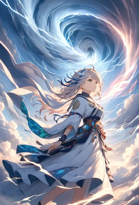  masterpiece:1.2， digital art 、 Poster Designs 、 Details，((Tornado storm))，(A white owl that rolls up the wind),  swirling clouds，Onmyoji、Wind Spirit Effects 、Seven color flash ，Lightning effect，cool description 、 high definition ， best quality， angle from...