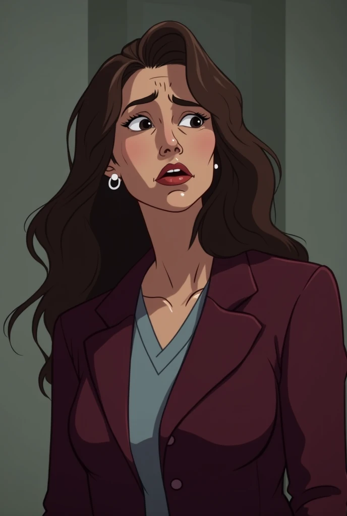 46-year-old white woman and health professional in a burgundy suit,  long wavy brown hair ,  emotionally disappointed with life and with her teenage daughter whom she supports financially. 