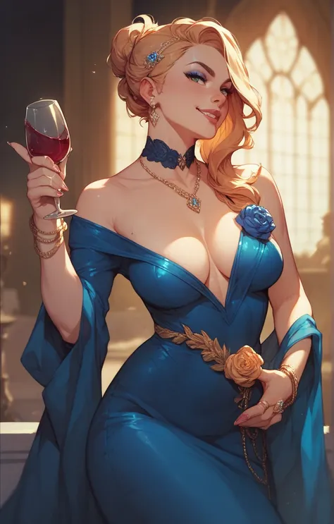 Woman in blue dress holding a wine glass and holding a golden pistol 