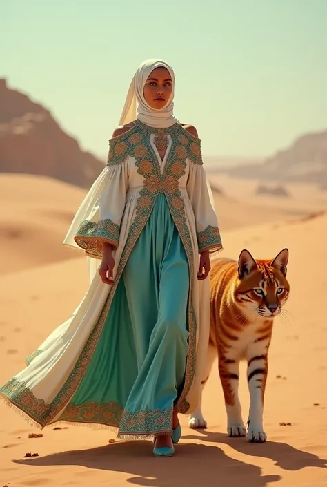 Beautiful woman wearing big dress color coksu hijab long closed chest walking with her big cat as big as her red and white person walking face to front in the desert
