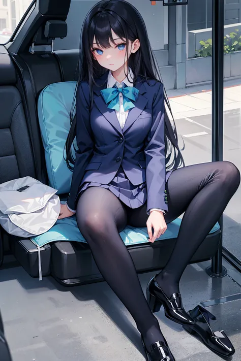 high school student ， Has long, dark hair ， with warm blue eyes ， Wore a fresh blue suit and black heels ， pure white collar and bright green bow 。 has long dark hair and warm blue eyes ， sitting in a car seat ， spread legs