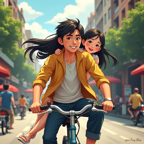 Một anh chàng Việt Nam, about 20 years old, high nose bridge , riding a bicycle carrying a beautiful girl sitting in the back of the car 