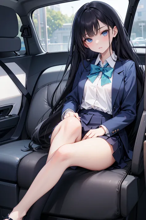 high school student ， Has long, dark hair ， with warm blue eyes ， Wore a fresh blue suit and black heels ， pure white collar and bright green bow 。 has long dark hair and warm blue eyes ， sitting in a car seat ， spread legs