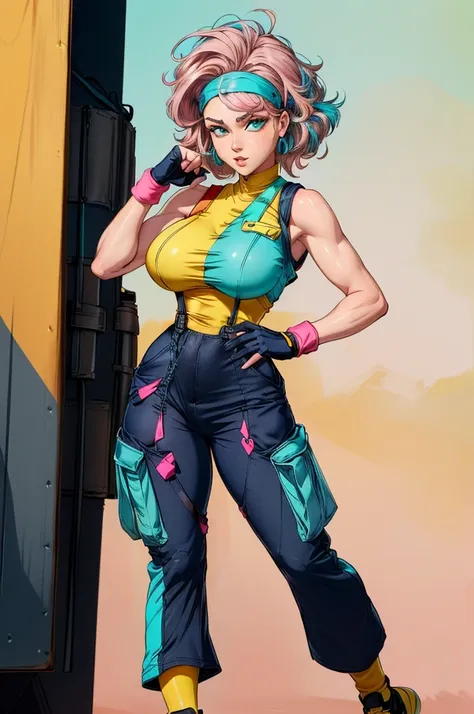 An accurate and detailed full body shot of a young adult female character named Bulmei, (Medium-length pastel pink hair:1.2), (pink hair with turquoise highlights:1.5), wavy and unruly hair, (red headband goggles:1.3), (streamlined steampunk aesthetic gogg...