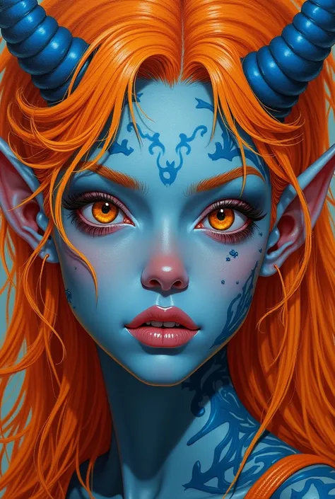 (((Masterpiece))), (((Best Quality: 1.4))), ((Super Detail: 1.4)) , hyper detailed gouache painting of a female Tiefling, gorgeous exotic features, amber neon eyes:1.5,  orange hair, hyper detailed face features, expressivo face, detailed textures, blue sk...