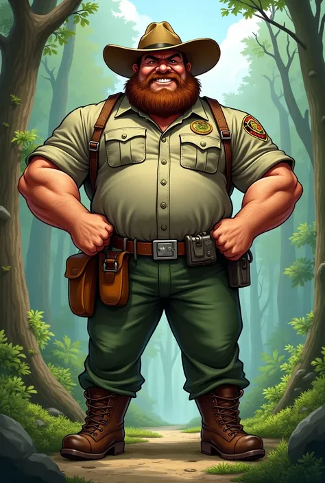 make a caricature of a burly man forest park ranger wearing a hat. look all over her body .