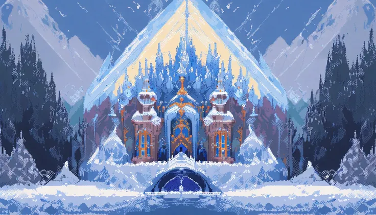 (work of art, best qualityer:1.2), pixel art, snowy terrestrial space ，Castle in the snowy mountain, ice castle